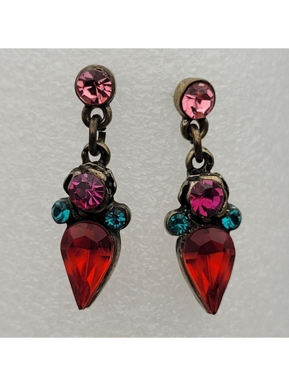 ✨2/$10✨ Red Dangle Earrings Teardrop Shape, Pink and Turquoise Rhinestones